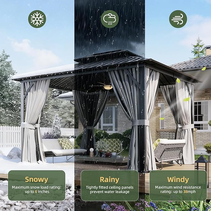 Aoxun 10’x12’ Hardtop Gazebo, Permanent Metal Pavilion with Galvanized Steel Double Roof, Outdoor Pergola with Nettings and Curtains for Lawn, Garden, Patio (Gray)