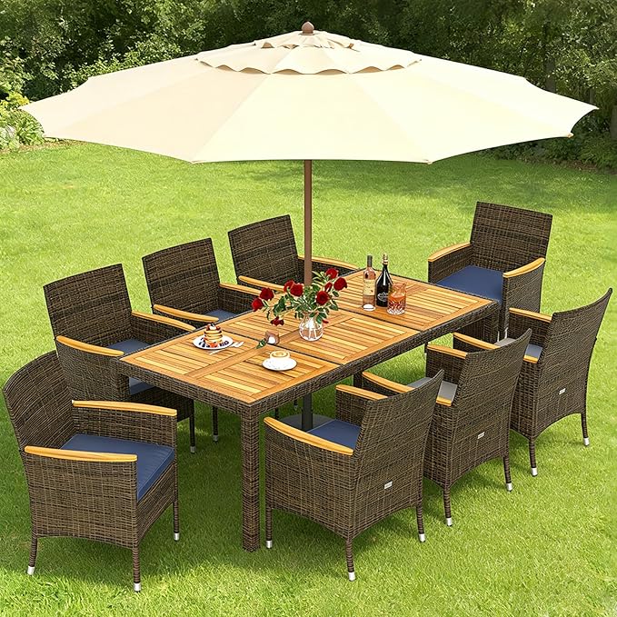 COSTWAY 9-Piece Patio Dining Set for 8, Outdoor Rattan Wicker Table and Chairs Furniture Set with Umbrella Hole, Acacia Wood Tabletop for Backyard, Balcony, Poolside, Brown & Navy
