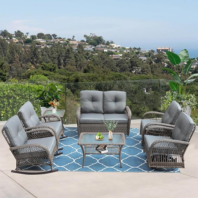 VIVIJASON 7-Piece Outdoor Patio Wicker Conversation Sets, All Weather Outdoor Rattan Furniture Set Includes Glider Loveseat, 2 Rocking Chairs, 2 Swivel-Gliders Chairs, 2 Coffee Table, Grey