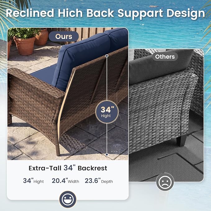 UDPATIO Patio Furniture Set with 44" Fire Pit Table, High Back 2 Swivel Rocker Chairs, Wicker Outdoor Conversation Sets with Thick Cushions & Ottoman, for Garden, Porch