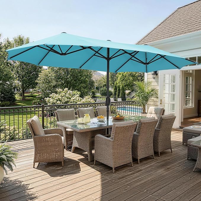 13 ft Patio Umbrella, Large Rectangle Outdoor Umbrella with Strap, Crank, Blue