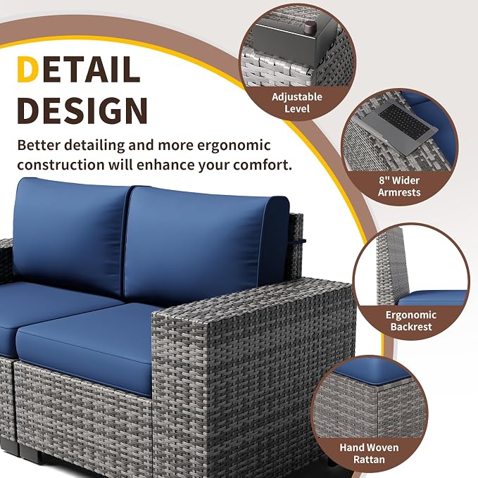 Outdoor Patio Furniture Set, 8‘’ Wide armrest Outdoor Sectional Rattan Sofa Set, Wicker Patio Furniture Sets w/Coffee Table,Thick Cushions and Cover for Porch, Balcony,8 PCS(Grey&Navy)