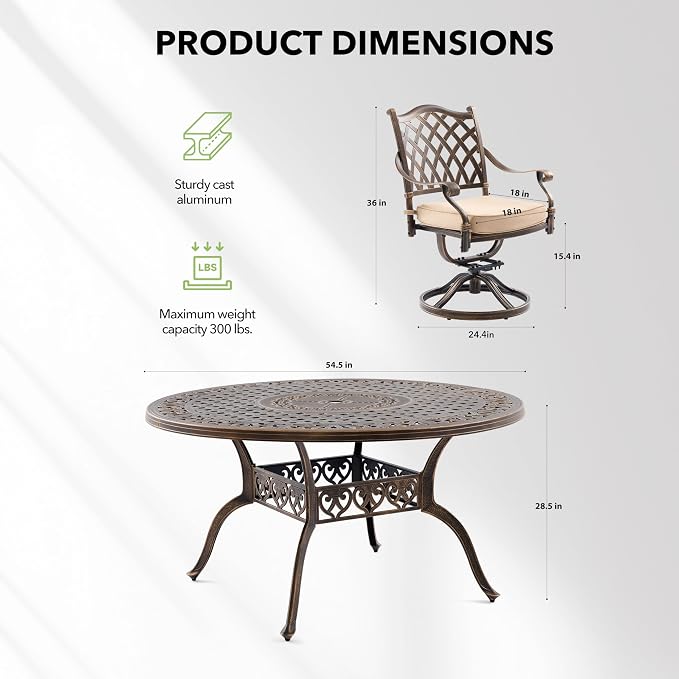 5-Piece Cast Aluminum Outdoor Table and Chairs, Classic Vintage Patio Dining Set for 4 Include 54.5" Round Dining Table and 4 Swivel Chairs with Removable Cushion and Umbrella Hole