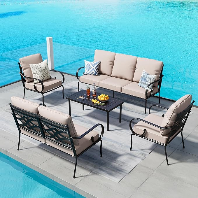 PHI VILLA Extra Large Metal Patio Furniture Sets, All-Weather Steel Frame Heavy Duty Patio Conversation Sets for Backyard, Porch and Garden