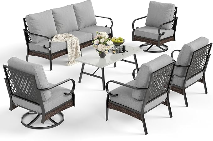 SUNSHINE VALLEY 6-Piece Metal Outdoor Patio Furniture Set - Black & Light Gray with 1 3-Seater Sofa, 2 Fixed & 2 Swivel Sofas, Coffee Table