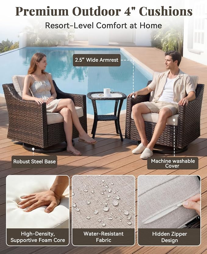 Patio Furniture Set 5 Pieces Luxury Outdoor Swivel Rocker Chairs and Ottomans, Easy Assembly Conversation Set for Porch Deck Balcony Yard in Brown Wicker and Beige Cushions