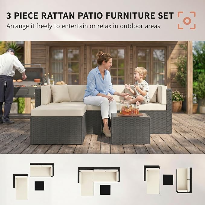 Outsunny 3 Piece Patio Furniture Set, Deep Seating Wicker Rattan Outdoor Conversation Set with Cushions, Glass Top Coffee Table for Garden, Porch, Backyard, Beige
