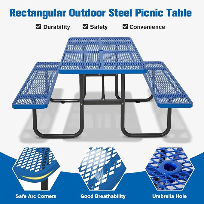 72'' Rectangular Steel Picnic Table for Outdoors,Commercial Metal Picnic Table with Umbrella Hole, Heavy Duty Sturdy Picnic Tables Furniture Set for Patio Garden Courtyard BBQ, Blue