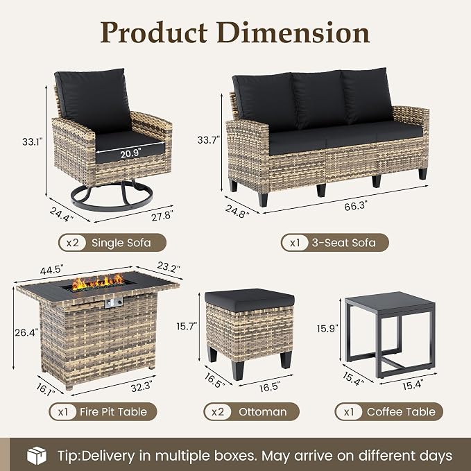 UDPATIO Patio Furniture Set with Fire Pit Table, 7 Pieces Outdoor Conversation Sets with Swivel Chairs and Ottomans, All-Weather Rattan Wicker Patio Sofa Couch for Backyard, Deck, Porch, Black/Yellow