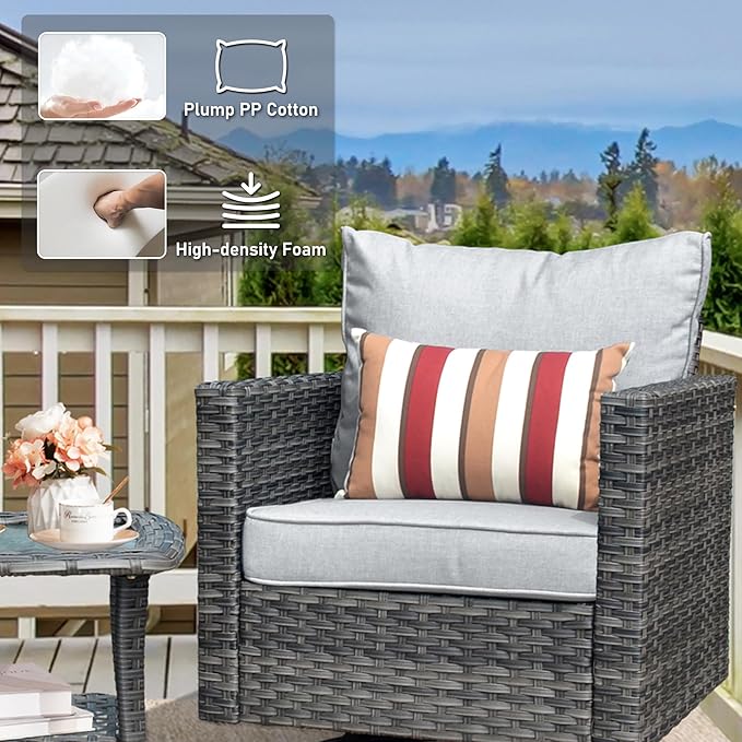 HOOOWOOO Wicker Patio Conversation Sets,7 Piece Outdoor Furniture Set with Ottoman,All Weather Resistant Modern Outside Out Door Rattan Couch Chairs Set,Light Gray