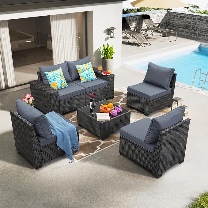 6 Pieces Patio Furniture Set, Wicker PE Rattan Outdoor Sectional with Cushion & Coffee Table, Patio Conversation Sofa for Garden, Backyard, Poolside, Grey