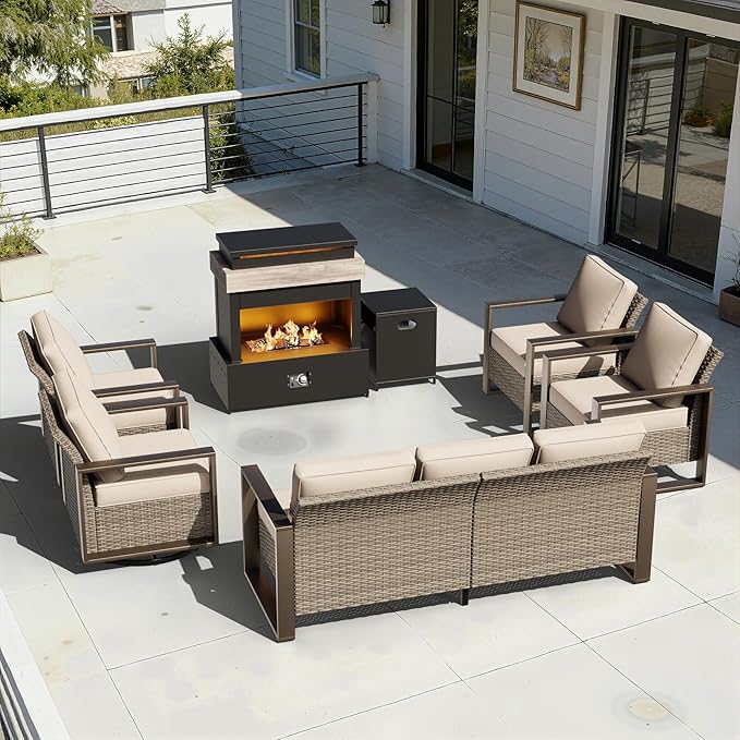 6 Pieces Wicker Patio 75" Sofa Set with 2 Armchairs, 2 Swivel Chairs, Fireplace, All Weather Rattan Outdoor Conversation Furniture Set with Metal Armrest & Removable Cushions for Deck, Beige