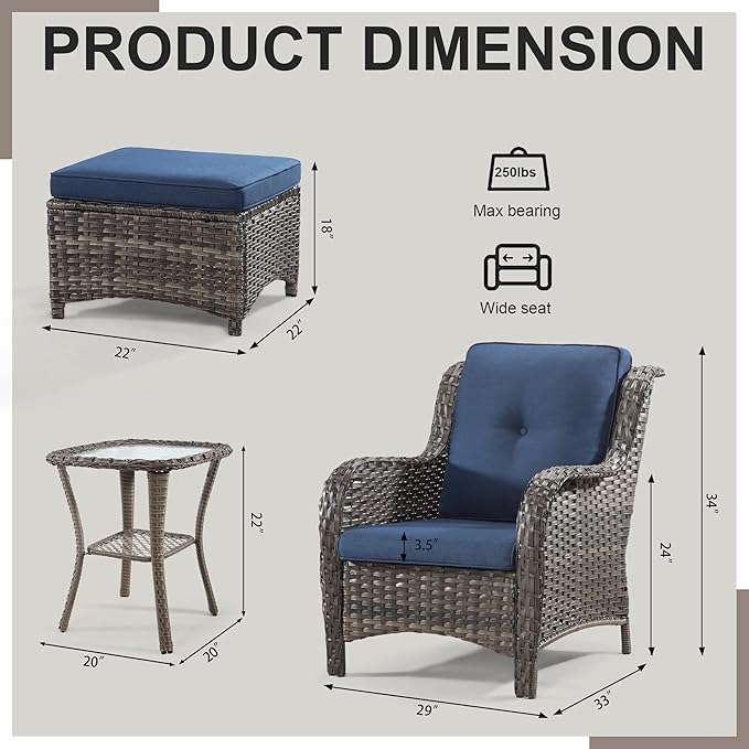 5 Pieces Outdoor Wicker Chair Set - Wicker Patio Furniture Set with 2 Chairs, 2 Ottomans and 1 Side Table for Backyard, Porch, Balcony(Mixed Grey/Blue)