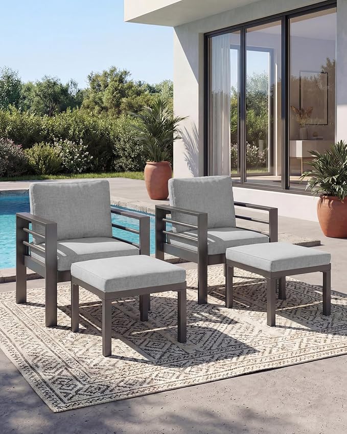 AECOJOY Aluminum Patio Furniture Armchair with Ottoman, Set of 2, Modern Outdoor Furniture with Washable 5 inch Thick Cushion, Light Gray