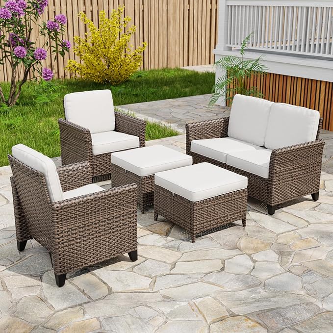 COOS BAY Harbor Retreat 5 Piece Outdoor Furniture Set, Patio Conversation Set with Patio Chairs, 2 Seat Loveseat and Ottomans, Wicker Furniture, Brown/Beige