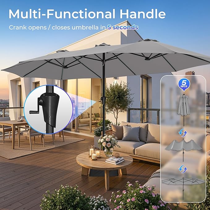 SUPERJARE 15FT Outdoor Patio Umbrella with Base Included, Double Sided Pool Umbrellas with Fade Resistant Canopy, Extra-Large Table Umbrella for Deck, Market, Backyard, Gray
