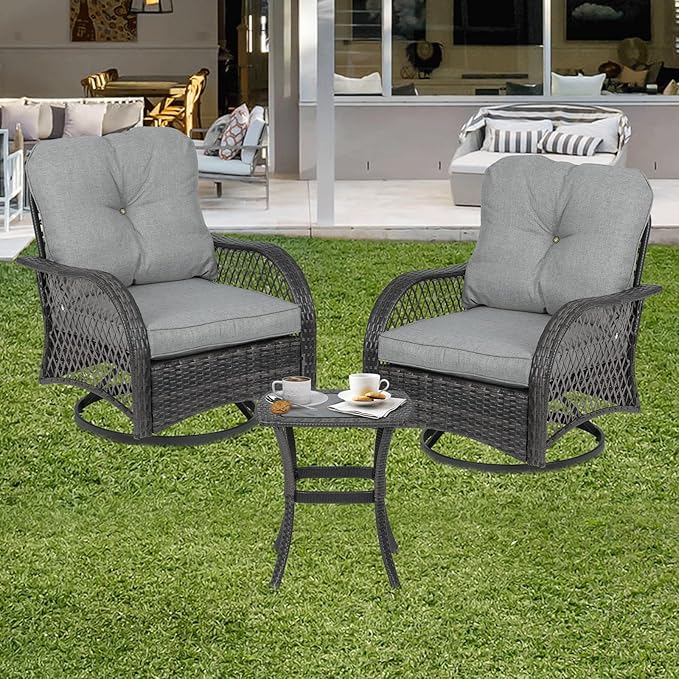 3-Piece Outdoor Patio Swivel Furniture Set, PE Rattan Patio Conversation Set with Tempered Glass Side Table for Home, Yard, Poolside