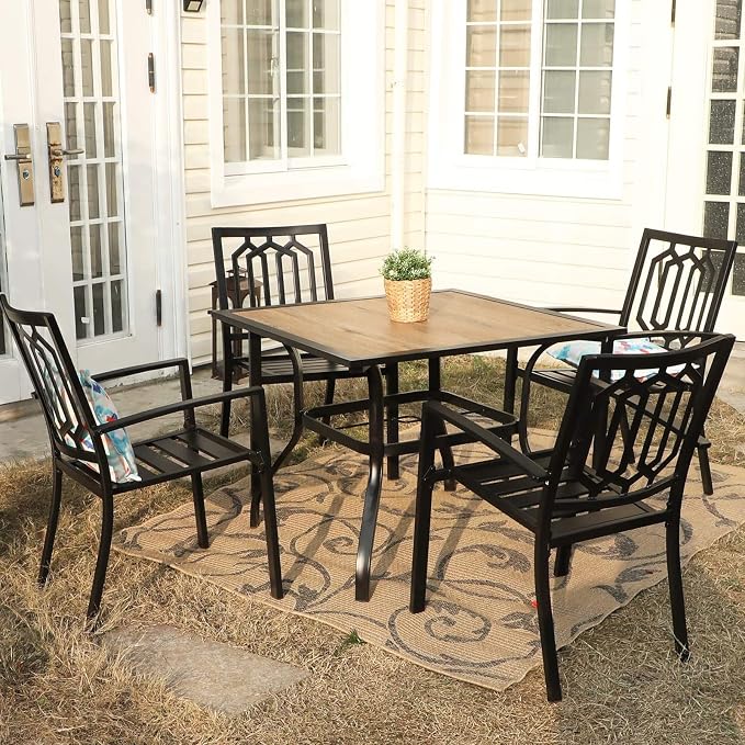 PHI VILLA 5 Piece Patio Dining Set Metal Outdoor Table and Chairs Furniture Set, 37" Square Bistro Table with Umbrella Hole and 4 Backyard Garden Chairs Support 300LBS for Deck, Lawn, Garden