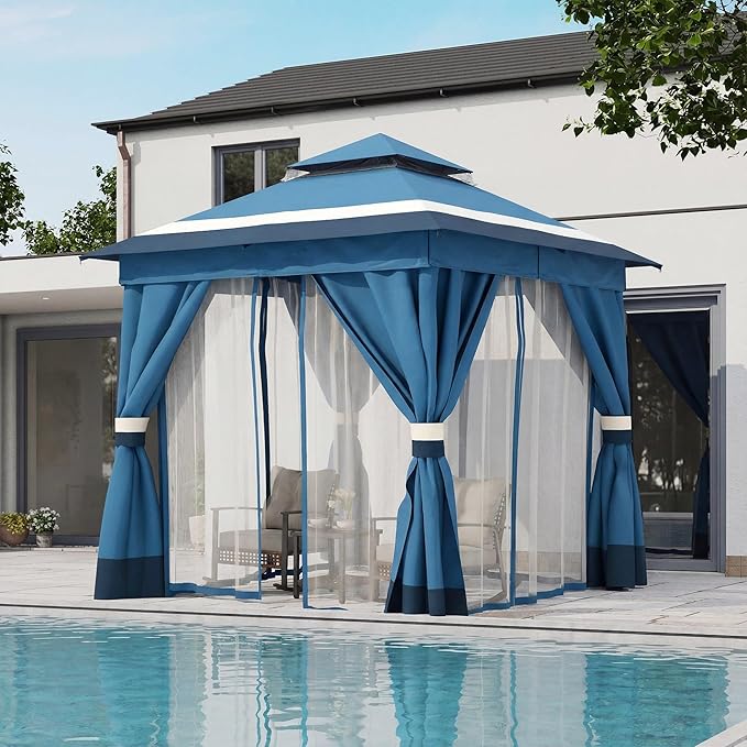 LAUSAINT HOME Patio Gazebo 8'x8', Outdoor Heavy Duty Party Tent Shelter with Double Roofs, Mosquito Nettings and Privacy Screens for Backyard, Garden, Lawn, Steel Blue