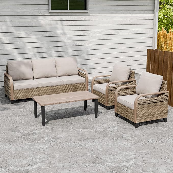 Modern Wicker Patio Furniture Set, Rattan Outdoor Conversation Set with Comfortable Cushions, 2 Patio Chairs, 3 Seat Couch and Coffee Table, 4 Pieces, Brown/Gray