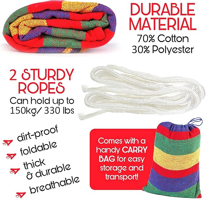 Cotton Hanging Rope Hammock, with Carry Bag and Rope Canvas Hanging Hammock, Light Portable Hammock, for Camping Beach Patio (Color : Blue, Size : 190x80cm)
