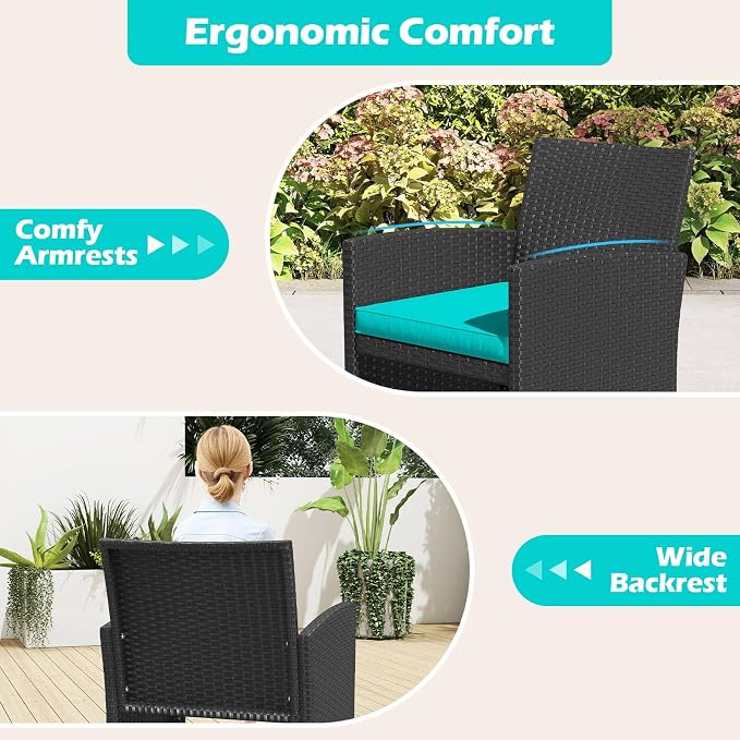 RELAX4LIFE 4-Piece Patio Furniture Set - Wicker Rattan Outdoor Sectional Sofa Set w/Glass Coffee Table, Loveseat, 2 Chairs & Soft Cushions, Bistro Conversation for Garden Porch (1, Black-Turquoise)