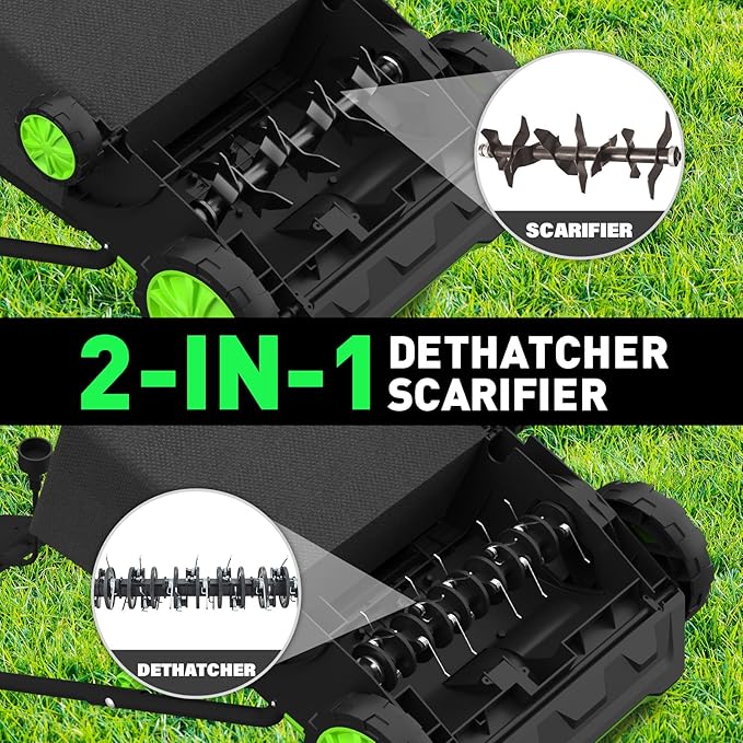 SOYUS 13-Inch Electric Lawn Dethatcher and Scarifier with 8 Gal Thatch Bag - 12-Amp Corded Walk Behind Thatch Removing Machine for Lawn Garden Care