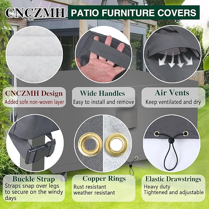 Square Heavy Duty Patio Table Covers Waterproof, 600D Outdoor Dining Table and Chair Set Covers, Outdoor Furniture Cover Waterproof for Sectional Sofa Couch 126''L x 126''W x 32''H, Grey
