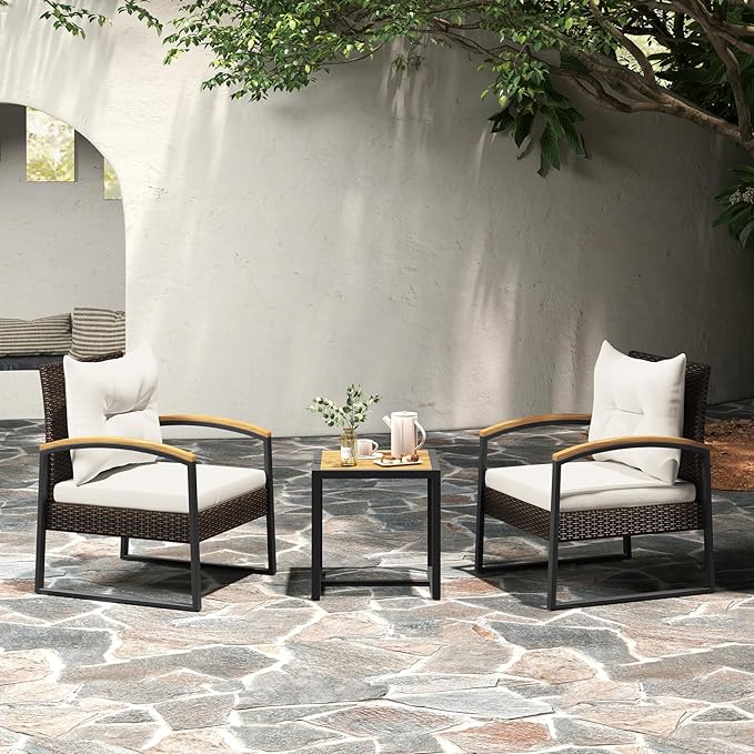 Tangkula 3 Piece Patio Conversation Set, Includes 2 Rattan Chairs and Coffee Table, Solid Acacia Wood Armrests & Tabletop, Outdoor Cushioned Wicker Furniture Set for Backyard, Poolside, Lawn, Garden