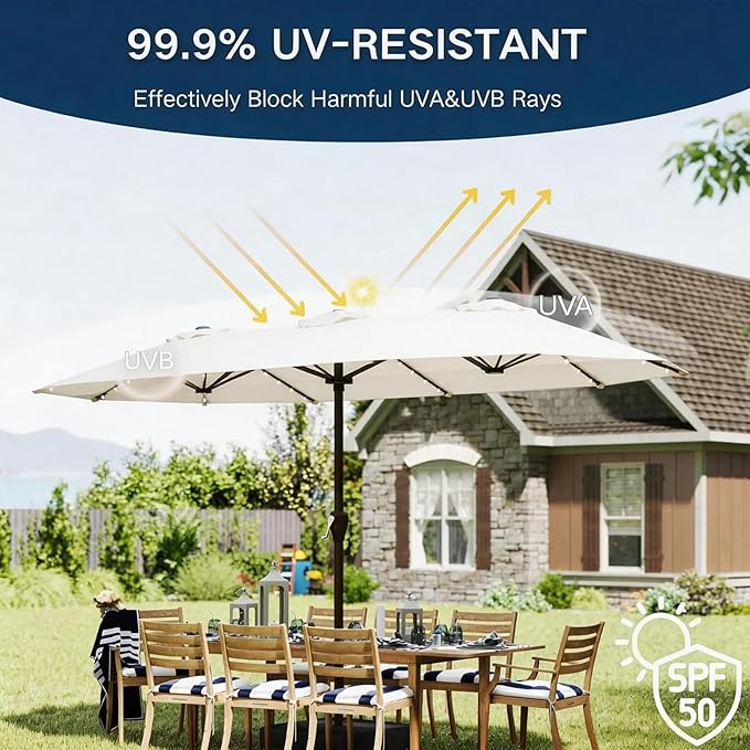 15ft Large Patio Umbrella with Solar Lights and Base, Double-Sided Outdoor Rectangle Umbrella with 48 LED Lights, Market Table Umbrellas with UV Resistant Canopy