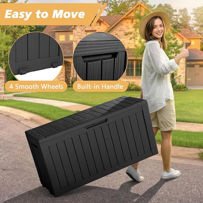 Fancyango 90 Gallon Outdoor Deck Box Waterproof, Large Storage Box for Patio, Resin Storage Bench Lockable for Garden Tools, Package Delivery, Black