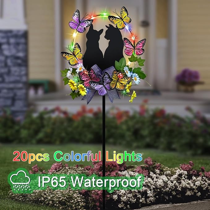 Cat Solar Lights Outdoor Garden,Colorful LED Light with Black Cat Decorations and Butterfly Flowers Yard Stakes for Pathway,Lawn,Patio,Gifts for Women