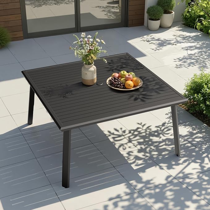 Pellebant Aluminum Outdoor Patio Dining Table for 8, Weather-Resistant Sturdy Frame and 57" Square Top with Umbrella Hole for Deck, Porch, Backyard