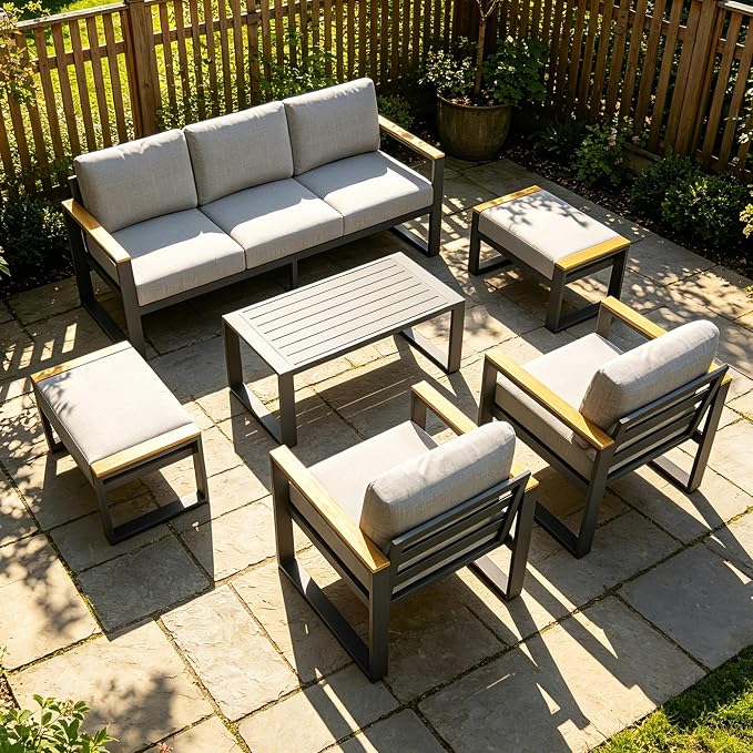 IDEALHOUSE Aluminum Outdoor Patio Furniture - 1 Pcs 3-Seat Sofa and Coffee Table, All-Weather Metal Modern Outside Furniture with Washable Thick Cushion for Balcony, Garden, Deck, Backyard, Gray