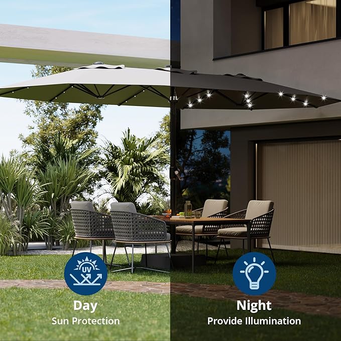 15FT Outdoor Double-Sided Umbrella With Solar Lights, Large Rectangle Patio Market Umbrella, 36 PCS LED Lights, Suitable for Poolside Lawn Backyard, Base Included