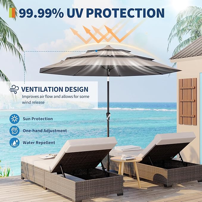 GarveeTech Patio Umbrella, 3-Tier Vented Canopy with Hand Crank, Push-Button Tilt Outdoor Umbrella, Alloy Rib Frame for Pool, Backyard and Deck, 9FT Grey