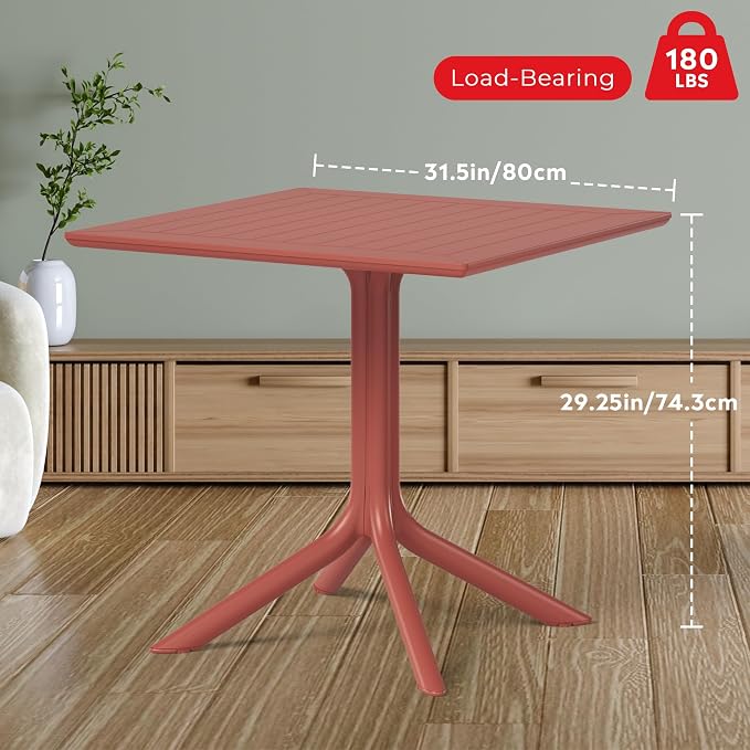 Costaelm Patio Dining Table for 4, Square PP Patio Table, 4-Person Weather Resistant Deck Table for Porch Poolside Lawn Garden Backyard, Red