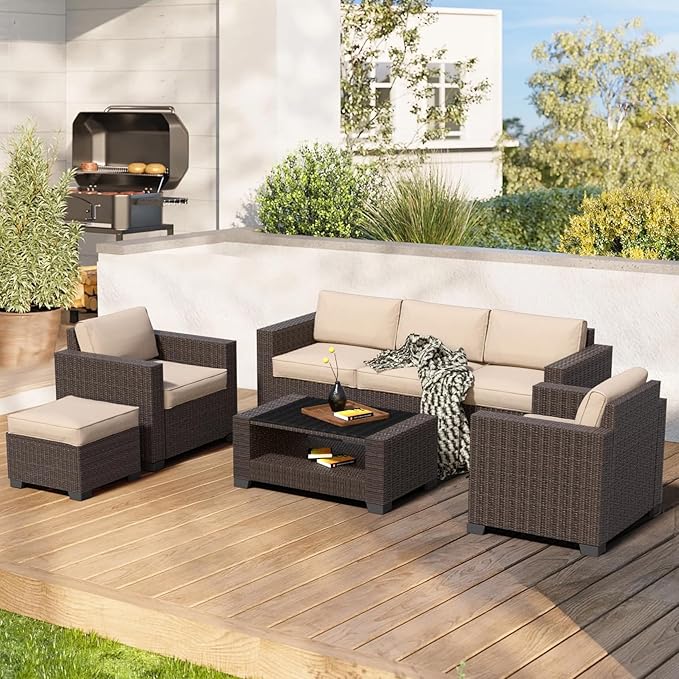 7 Pieces Patio Furniture Set Wicker Outdoor Furniture All-Weather Outdoor Sofa with Thick Cushions & Coffee Table Patio Conversation Set for Lawn, Patio, Balcony, Deck, Poolside, Brown&Beige