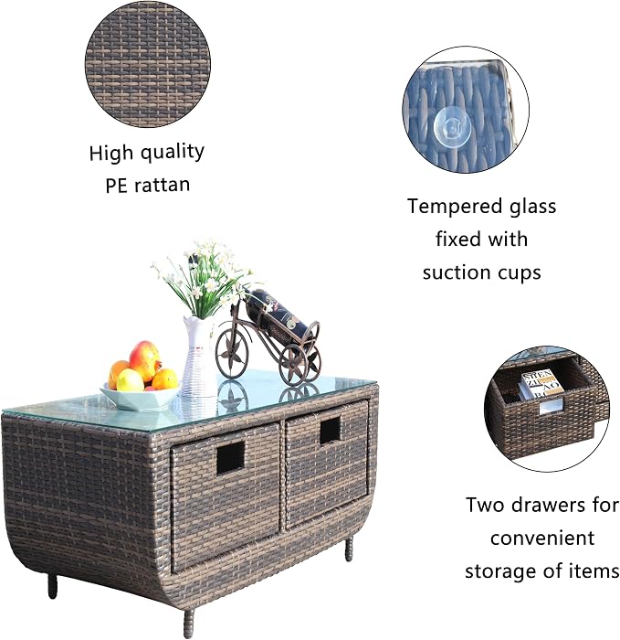 Outdoor PE Rattan Coffee Table, 43.7" Large Rectangular Patio Wicker Coffee Table with Tempered Glass Top, Low Profile Outdoor Side Table for Backyard Deck Balcony Garden Lawn, 150 lbs Capacity