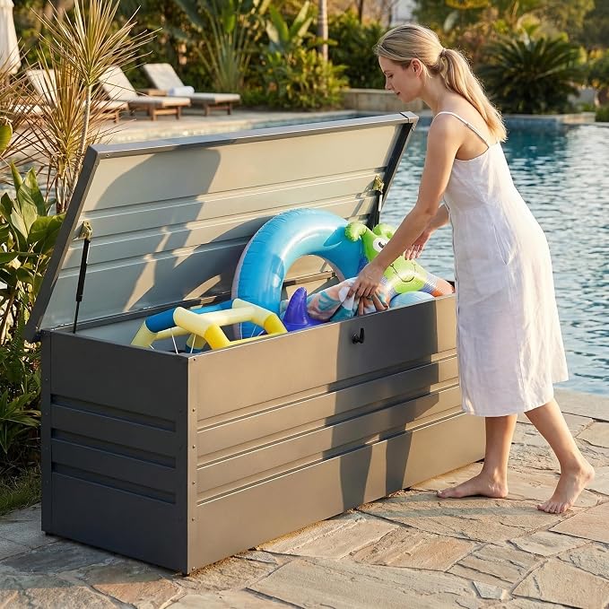 260 Gallon Metal Outdoor Storage Box, Large Patio Storage Container | Lockable Deck Box, Hydraulic Lid, Weather Resistant, For Furniture Cushions, Garden Tools, Pool Accessories