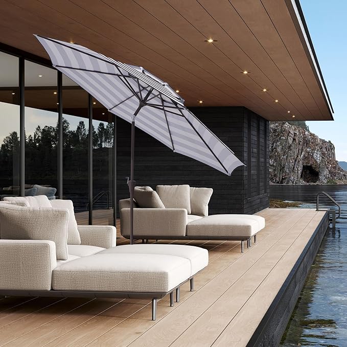 JEAREY 9' 2-Tiers Patio Umbrellas Outdoor Table Market Umbrella w/Push Button Tilt/Crank, 8 Sturdy Ribs, UV Protection Waterproof Sunproof(Black Striped)