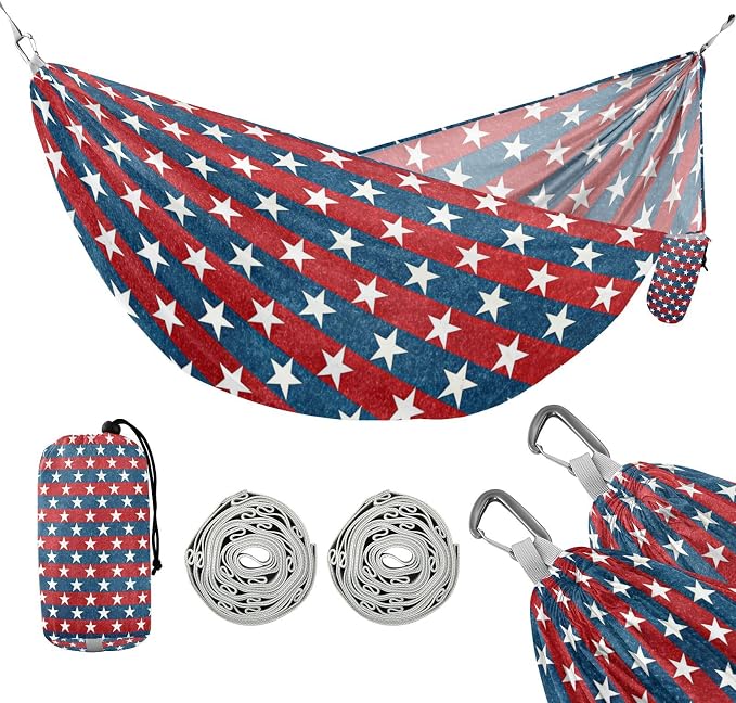 Patriotic Stars Camping Hammock, Portable Lightweight Single Hammock with Tree Straps and Aluminum Carabiners, 114" x 54" Travel Hammock for Hiking Backpacking Beach