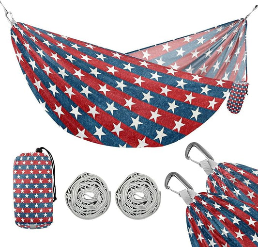 Patriotic Stars Camping Hammock, Portable Lightweight Single Hammock with Tree Straps and Aluminum Carabiners, 114" x 54" Travel Hammock for Hiking Backpacking Beach