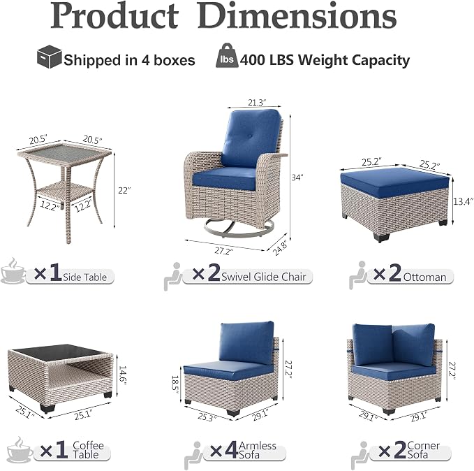 Patio Furniture Set, 12-Piece Outdoor Sectional Sofa with Swivel Rocker Chairs & Ottomans, Wicker Patio Conversation Set with Coffee Table, Blue Cushions