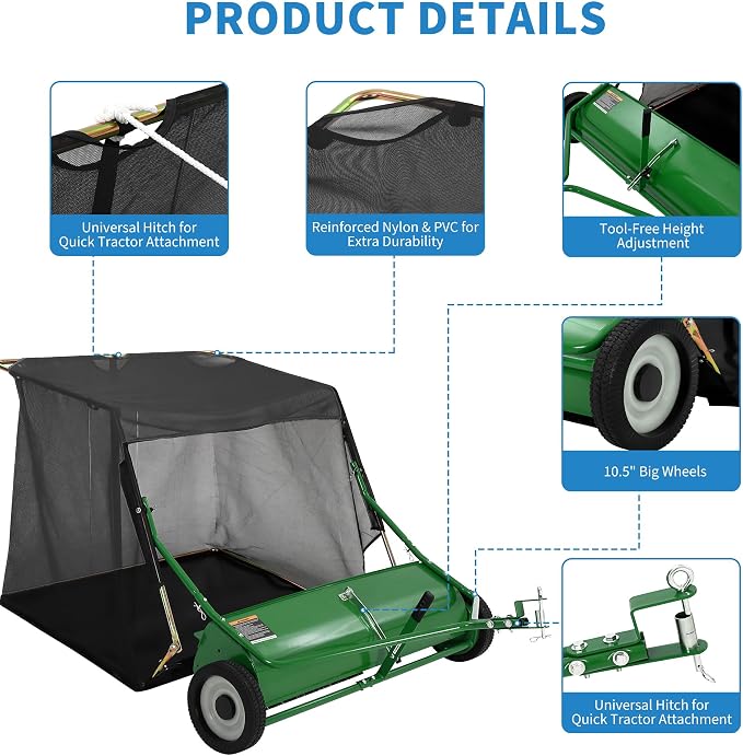 50" Tow Behind Lawn Sweeper, 33 cu. ft Extra-Large Capacity Leaf & Grass Collector-Adjustable Sweeping Height, Dumping Rope Design for Efficient Debris & Grass Cleanup on Yards, Driveways & Sidewalks