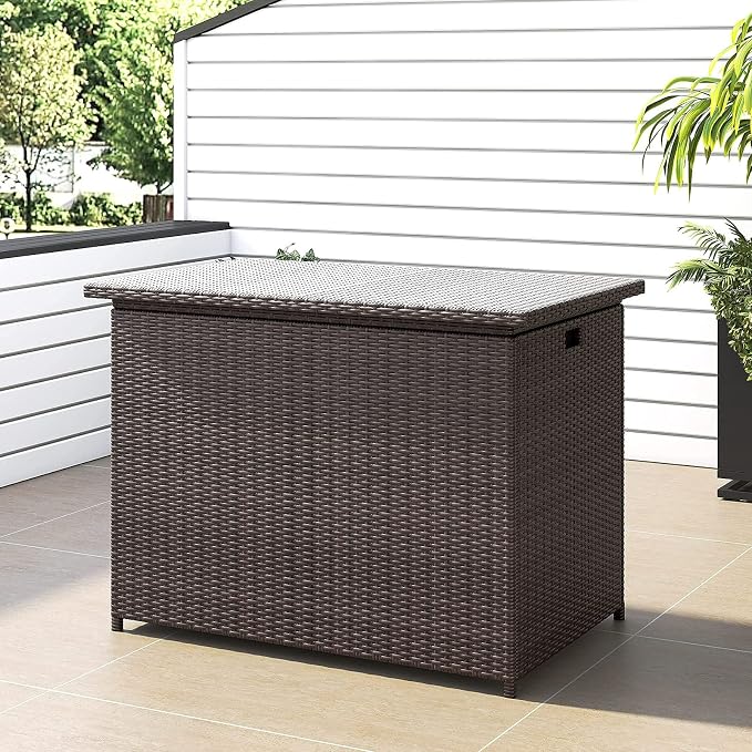 Lepus Large Waterproof Resin Wicker/Rattan Deck Box with Handles, Outdoor Storage Container For Patio, Pool, Garden, 130 Gallons, Brown