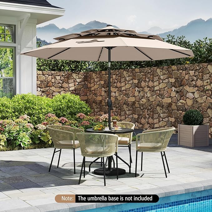Tangkula 10 FT Solar LED Patio Umbrella, 3-Tier Vented Outdoor Market Table Umbrella with 32 LED Lights, Tilt Adjustment, Crank Handle, 8 Ribs for Backyard Pool Deck (Beige)