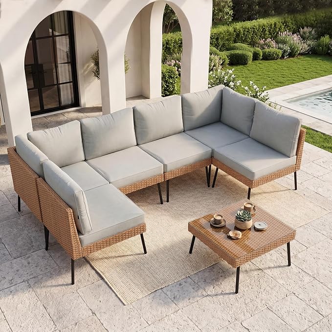 Aoxun 7-Piece Patio Furniture Set, Wicker Outdoor Furniture with Water Resistant Thick Cushions, Patio Conversation Set Outdoor Sectional Sofa with Coffee Table for Backyard Poolside, Light Grey