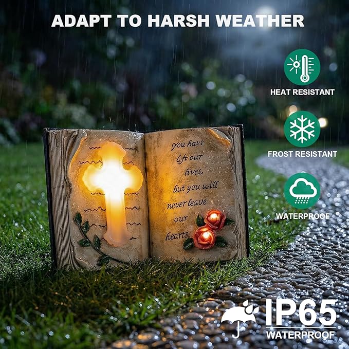 Candieslife Outdoor Solar Memorial Cross Stakes Lights, Waterproof Book Statue Grave Decorations Sympathy Gifts for Cemetery Garden Lawn Yard Patio Home Decor