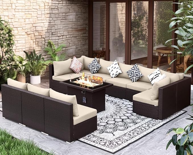 NICESOUL 11 Piece Outdoor Furniture Set with Natural Gas/Propane Firepit, Luxury 10-Seater Patio Sectional, 29.3'' High-Back Backyard Seating, All-Weather Rattan Couch Set for Deck, Brown & Beige